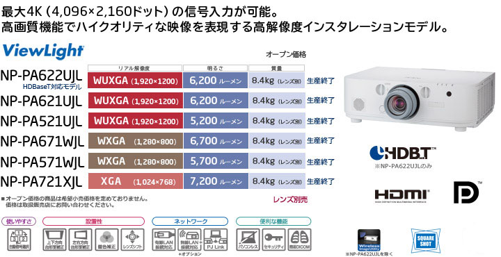 プロジェクターViewLight NP-PA622UJL/PA621UJL/PA521UJL/PA671WJL/PA571WJL/PA721XJL