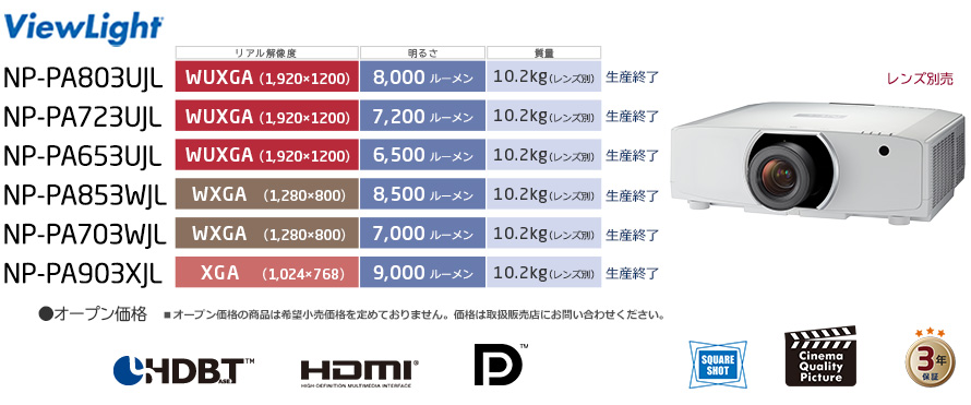 プロジェクターViewLight PA803UJL/PA723UJL/PA653UJL/PA853WJL/PA703WJL/PA903XJL